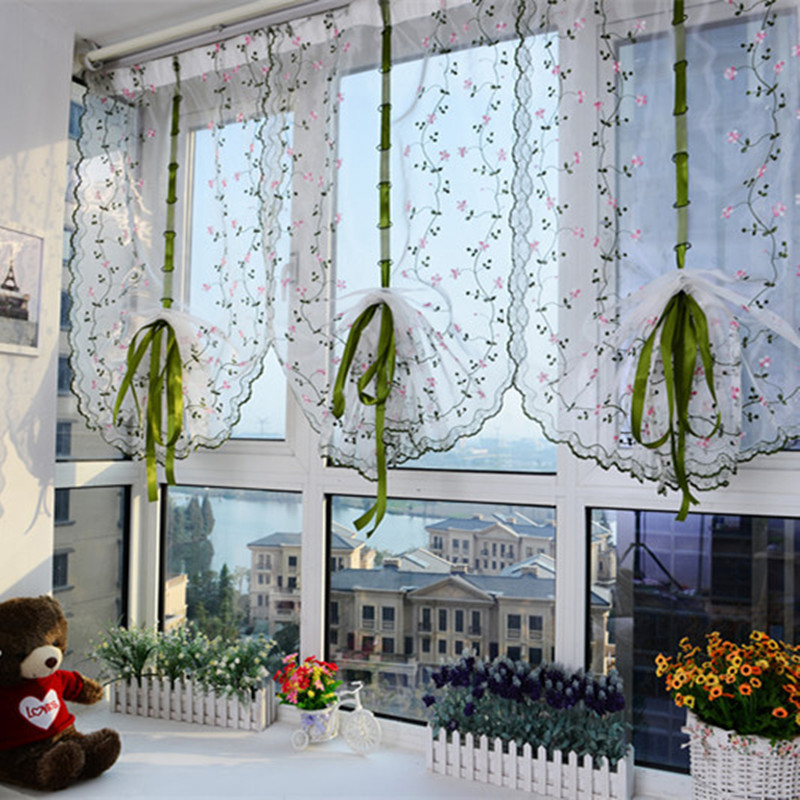 흰색 Voile 꽃 자수 문 창 드레이프 깎아 지른 커튼 쉬어 로마 커튼 창 블라인드 및 음영